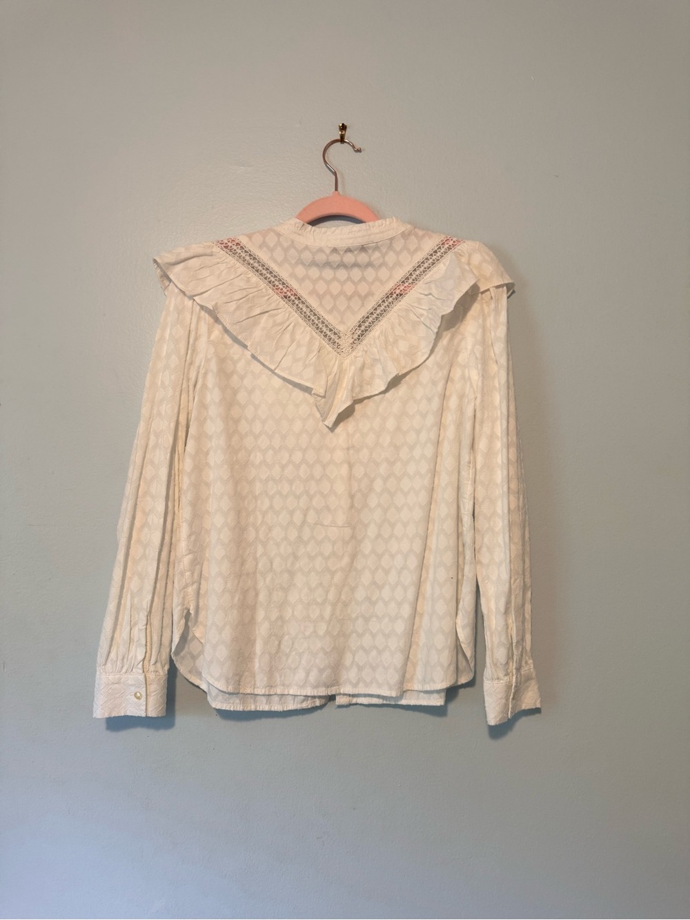 NWT LOFT White Ruffled Lace-Trim Button-Down Blouse Size S - Picture 7 of 9